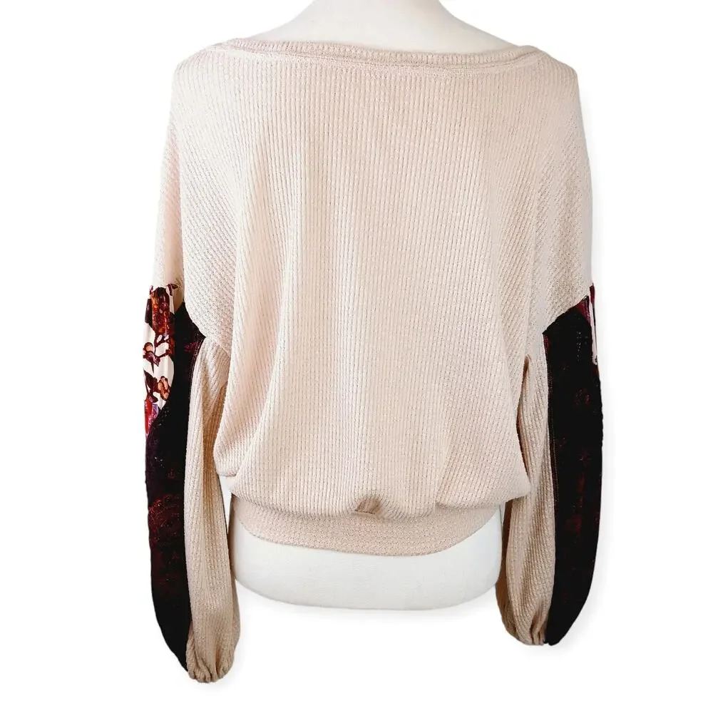 Free People SZ S Casual Clash Top Pink Burgundy Balloon Sleeve Thermal BOHO $88